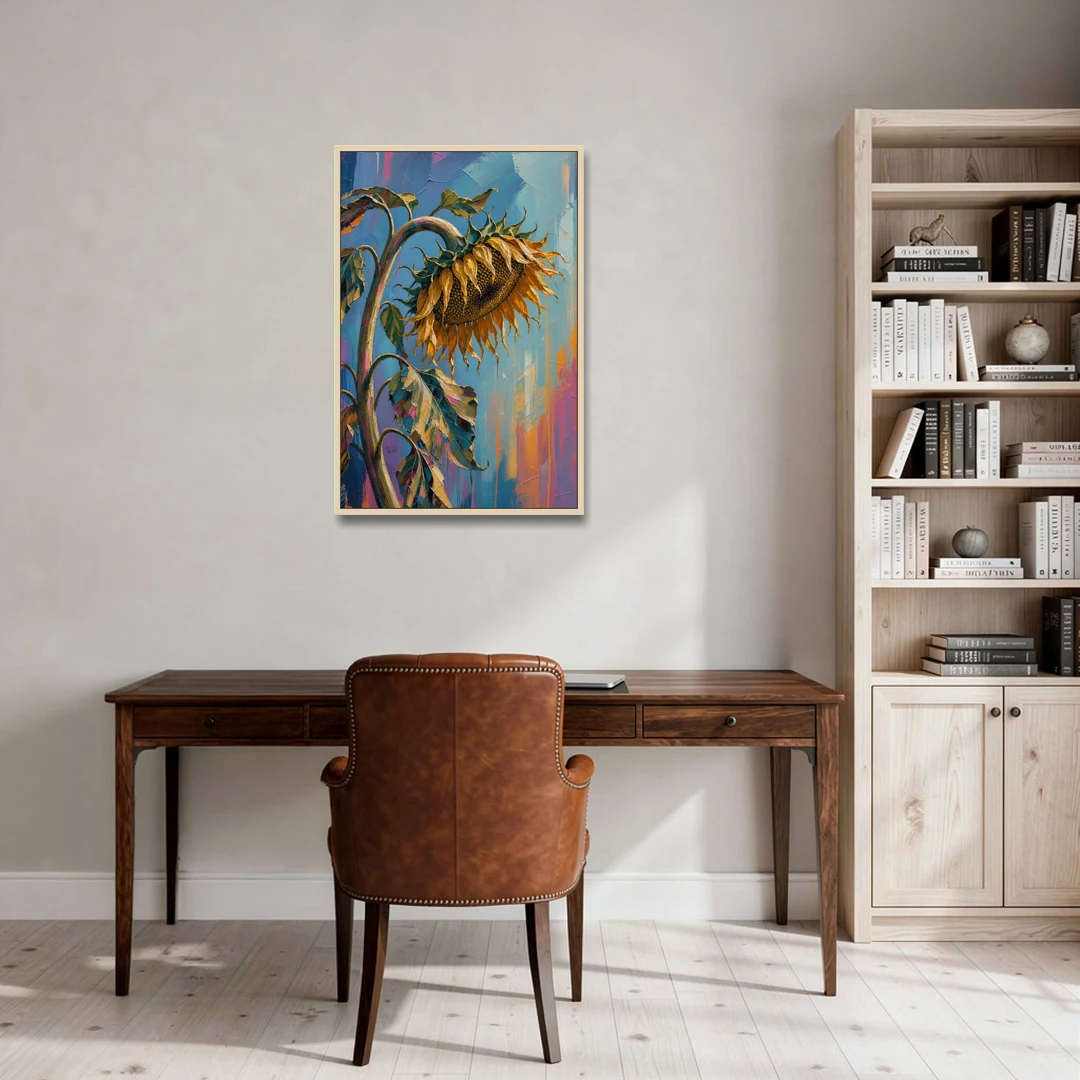 Large Sunflower Canvas Bowing in Late Summer - Oak Framed Canvas Wall Art - Office - 24x36