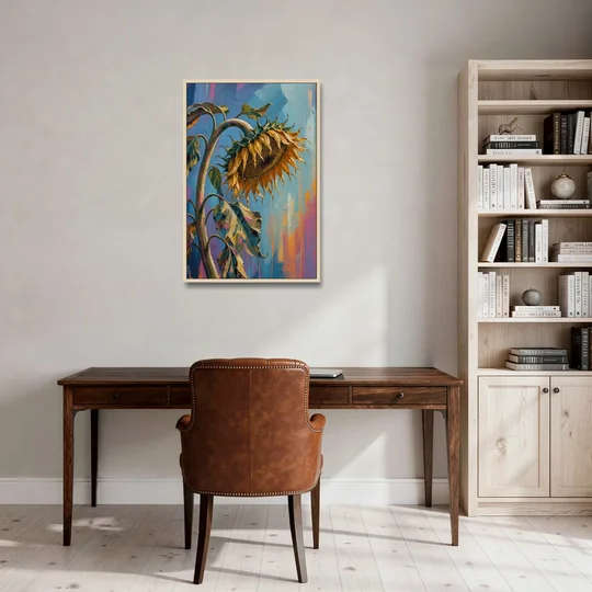 Large Sunflower Canvas Bowing in Late Summer - Oak Framed Canvas Wall Art - Office - 24x36