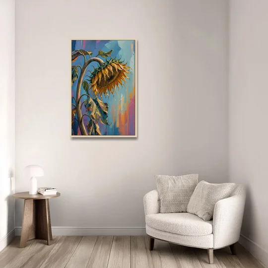 Large Sunflower Canvas Bowing in Late Summer - Oak Framed Canvas Wall Art - Sofa - 24x36