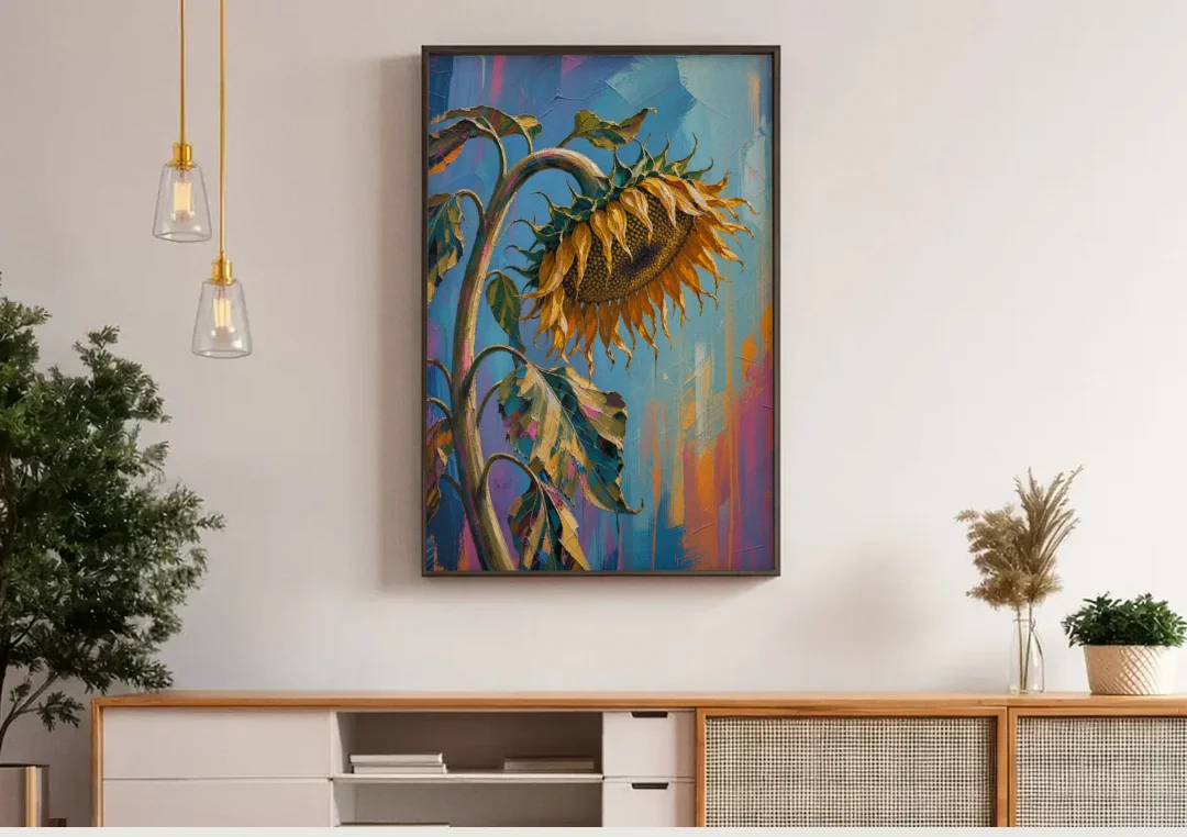 Large Sunflower Canvas Bowing in Late Summer canvas wall art above a wooden sideboard under pendant lights