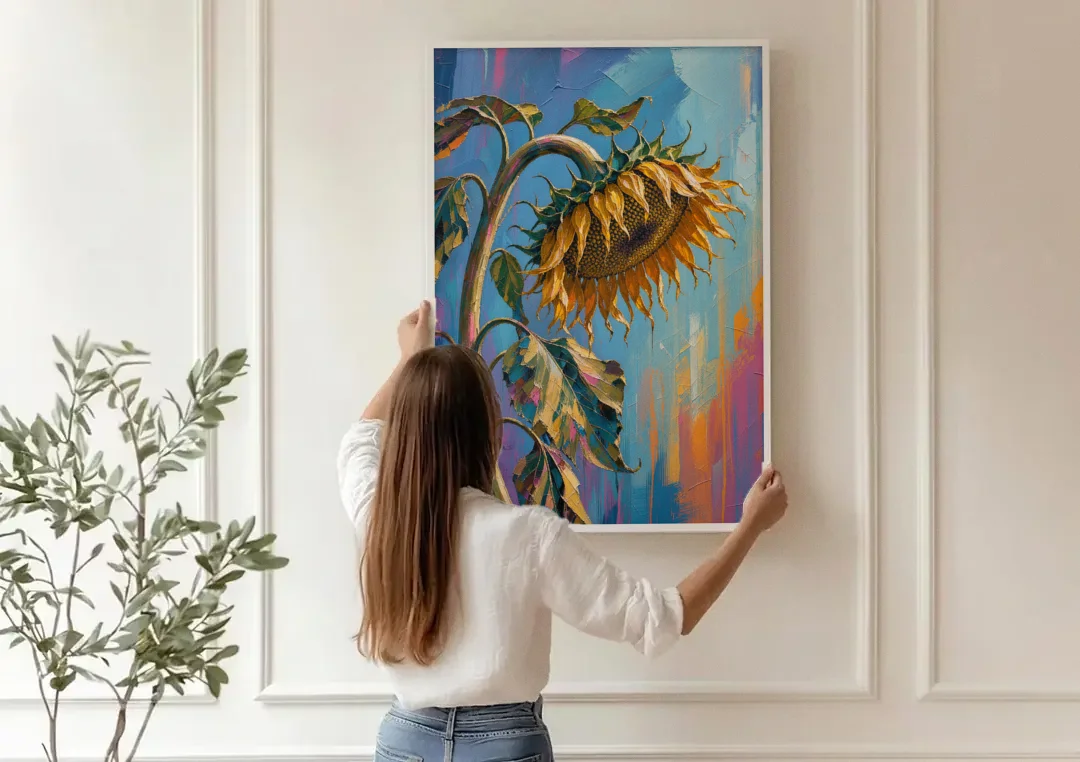 Large Sunflower Canvas Bowing in Late Summer canvas wall art being hung on a paneled wall