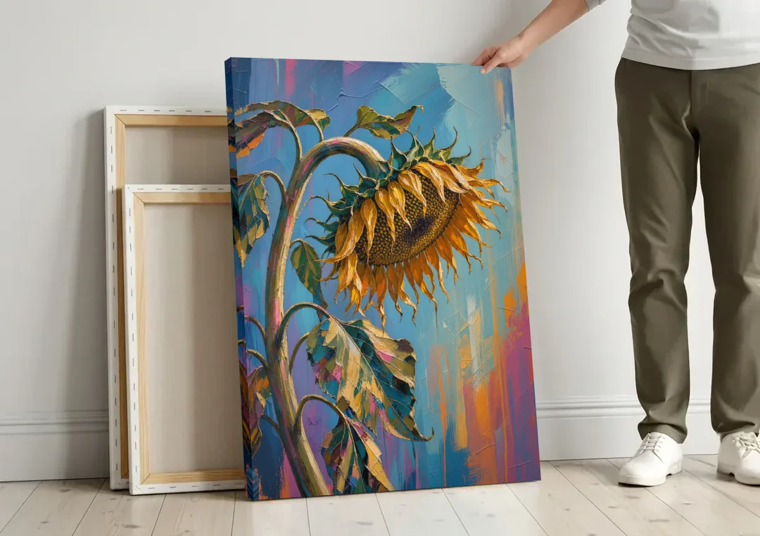 Large Sunflower Canvas Bowing in Late Summer canvas wall art leaning against a wall next to blank canvases