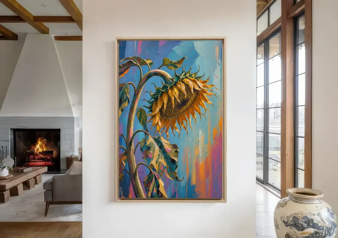 Large Sunflower Canvas Bowing in Late Summer canvas wall art in a living room with a fireplace