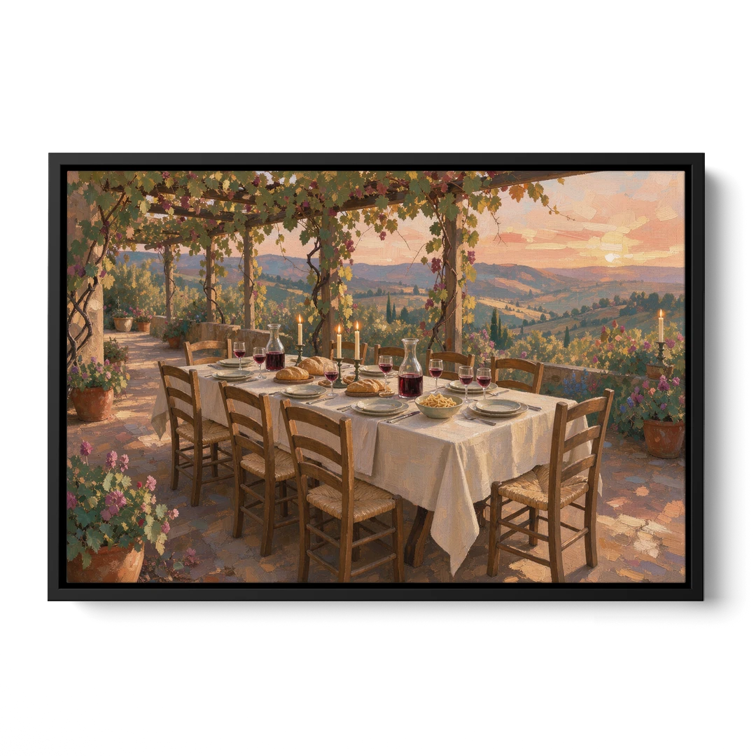 Large Supper Under the Vine Pergola for the Dining Room - Black Framed Canvas Wall Art - Front