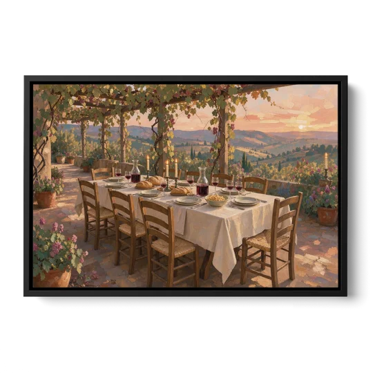 Large Supper Under the Vine Pergola for the Dining Room - Black Framed Canvas Wall Art - Front