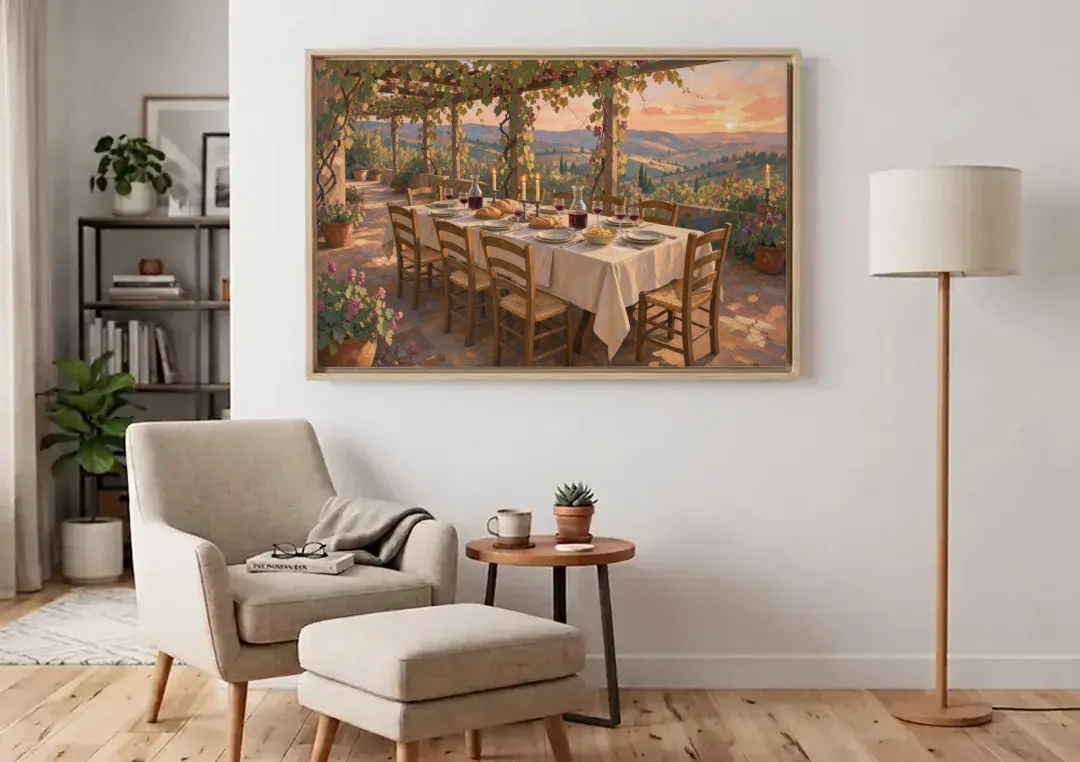 Large Supper Under the Vine Pergola for the Dining Room canvas wall art above an armchair in a bright living room