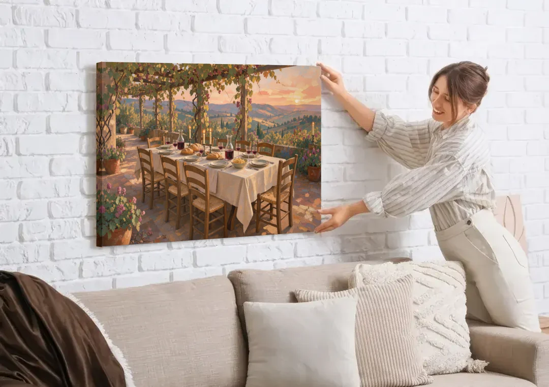 Large Supper Under the Vine Pergola for the Dining Room canvas wall art being hung on a white brick wall above a sofa