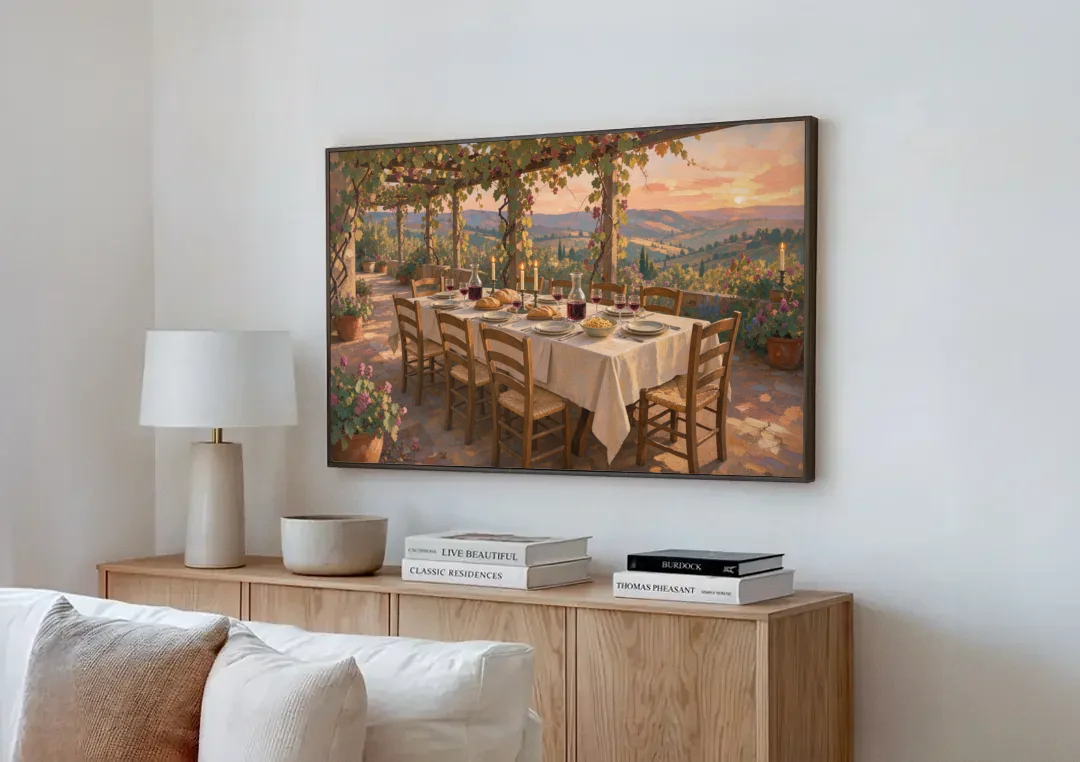 Large Supper Under the Vine Pergola for the Dining Room canvas wall art above a wooden sideboard next to a sofa