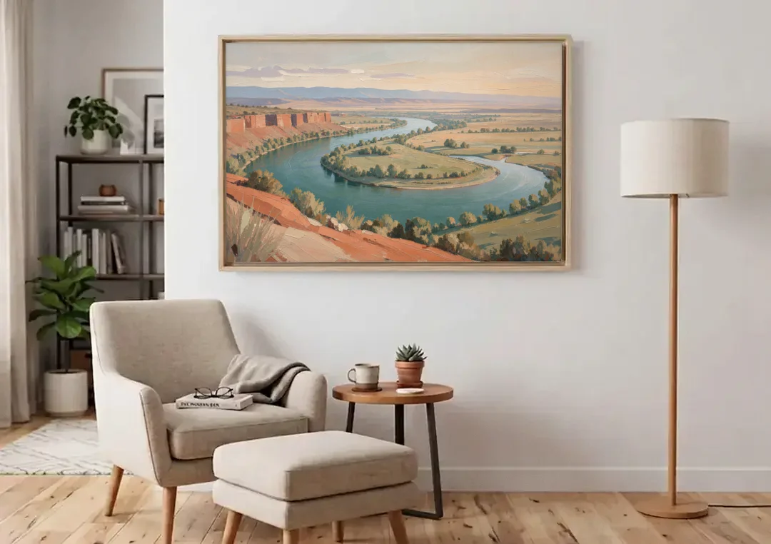 Large Teal River Horseshoe Bend for Above the Sofa canvas wall art above an armchair in a bright living room
