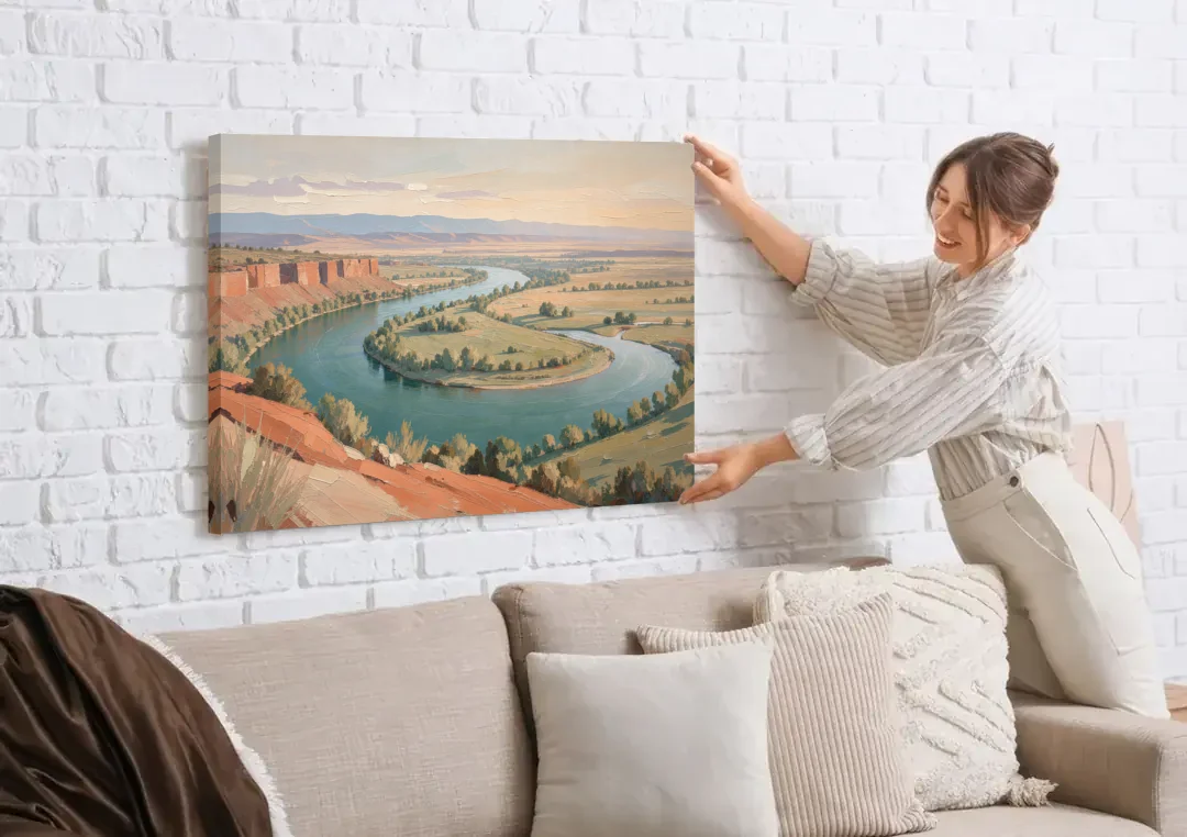 Large Teal River Horseshoe Bend for Above the Sofa canvas wall art being hung on a white brick wall above a sofa