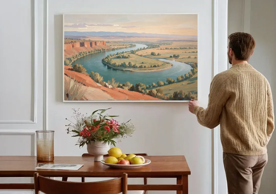 Large Teal River Horseshoe Bend for Above the Sofa canvas wall art above a dining table