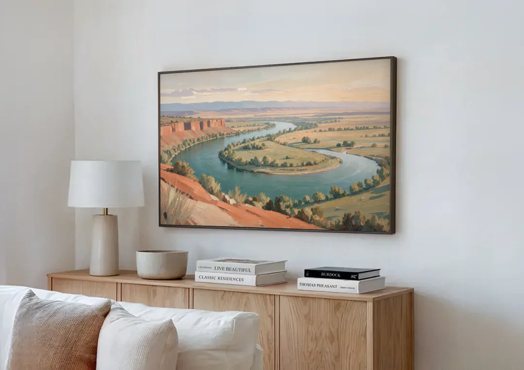 Large Teal River Horseshoe Bend for Above the Sofa canvas wall art above a wooden sideboard next to a sofa