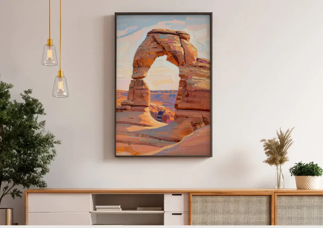 Large Textured Desert Sandstone Arch canvas wall art above a wooden sideboard under pendant lights