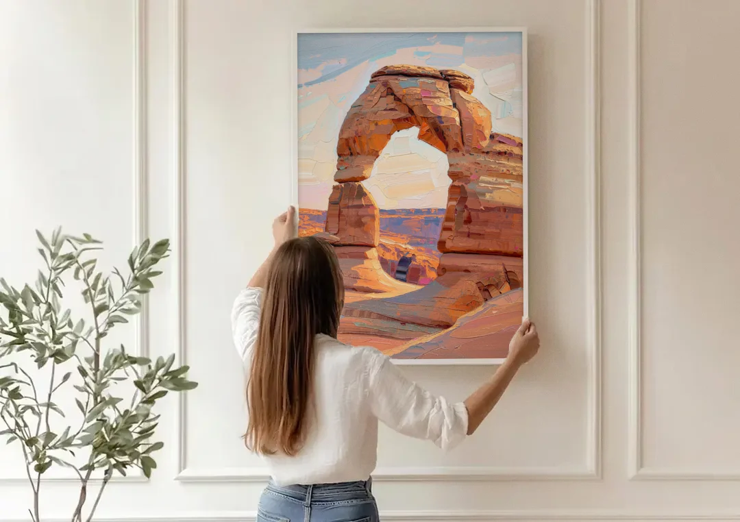 Large Textured Desert Sandstone Arch canvas wall art being hung on a paneled wall