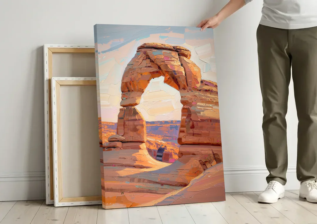 Large Textured Desert Sandstone Arch canvas wall art leaning against a wall next to blank canvases