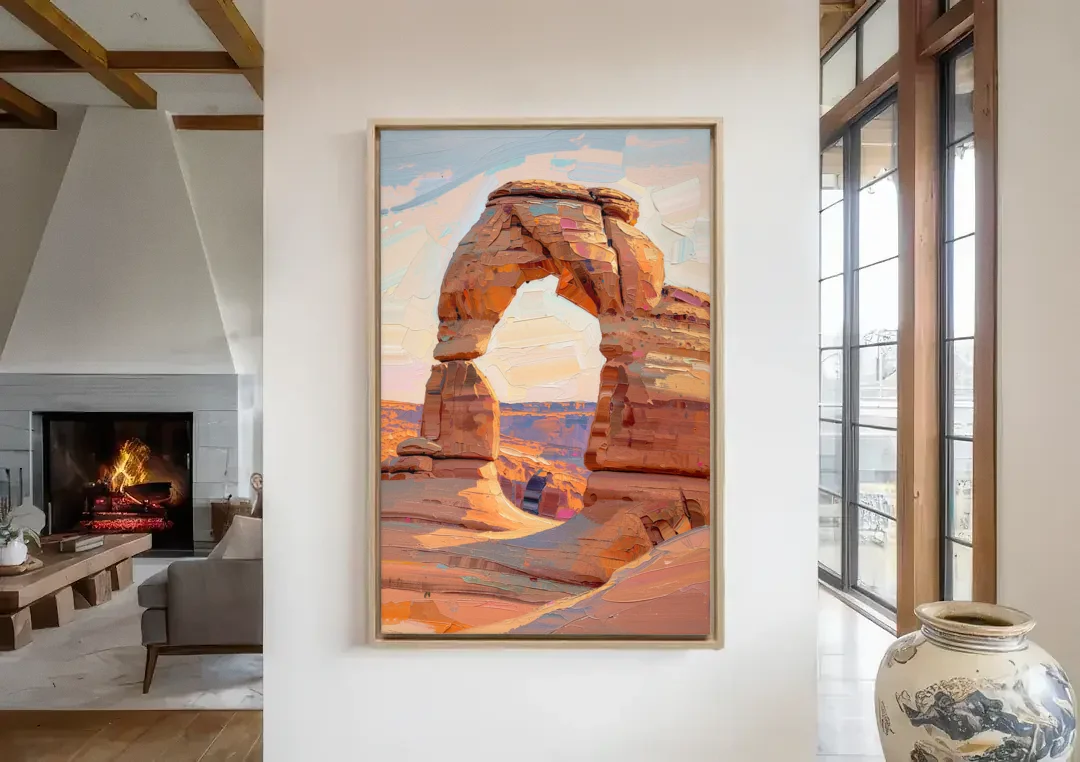 Large Textured Desert Sandstone Arch canvas wall art in a living room with a fireplace