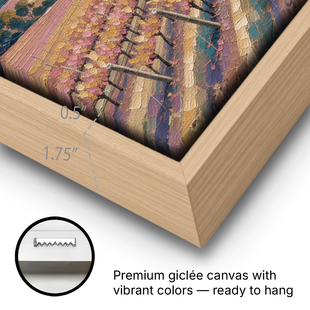 Large Vineyard Rows at Sunset for the Bedroom - Oak Framed Canvas Wall Art - Gallery Wrap Corner