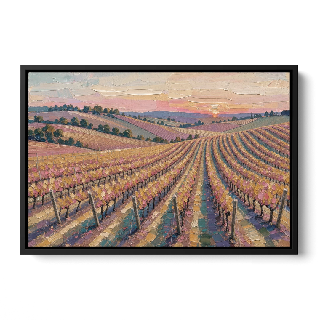 Large Vineyard Rows at Sunset for the Bedroom - Black Framed Canvas Wall Art - Front