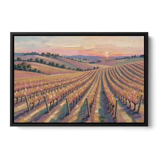 Large Vineyard Rows at Sunset for the Bedroom - Black Framed Canvas Wall Art - Front