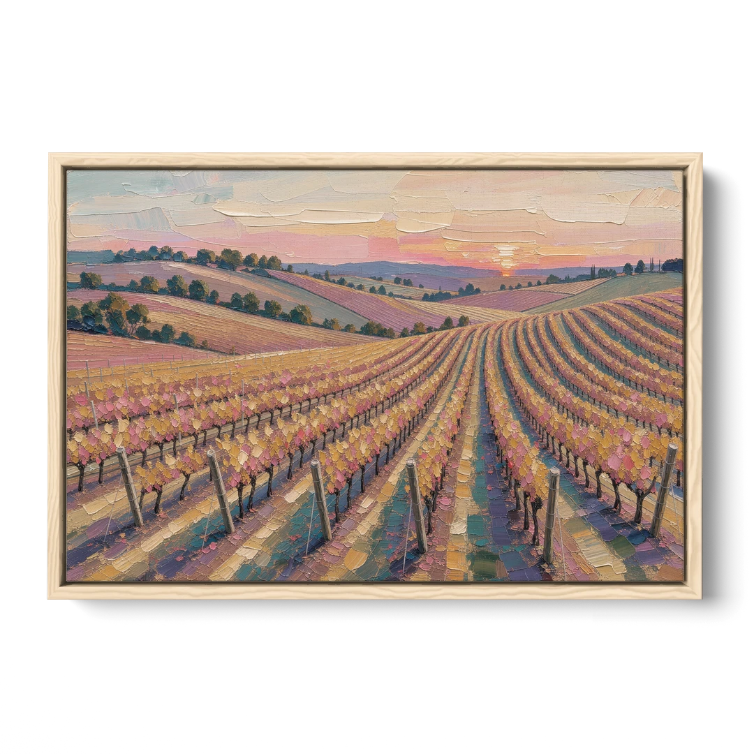 Large Vineyard Rows at Sunset for the Bedroom - Oak Framed Canvas Wall Art - Front