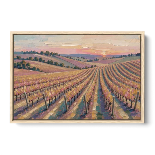 Large Vineyard Rows at Sunset for the Bedroom - Oak Framed Canvas Wall Art - Front
