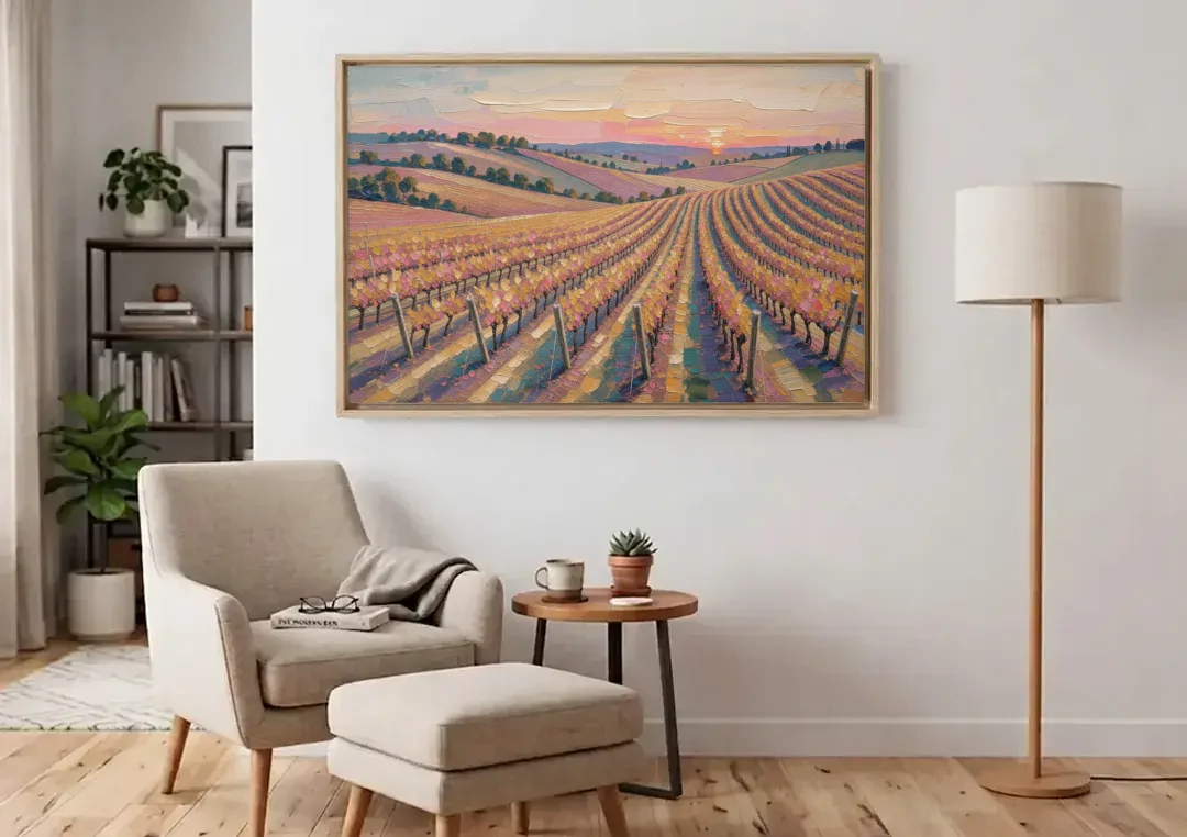 Large Vineyard Rows at Sunset for the Bedroom canvas wall art above an armchair in a bright living room