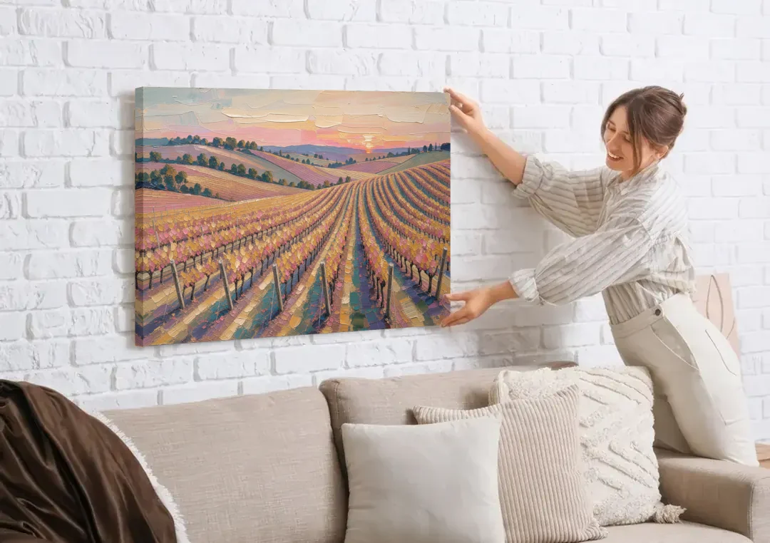 Large Vineyard Rows at Sunset for the Bedroom canvas wall art being hung on a white brick wall above a sofa
