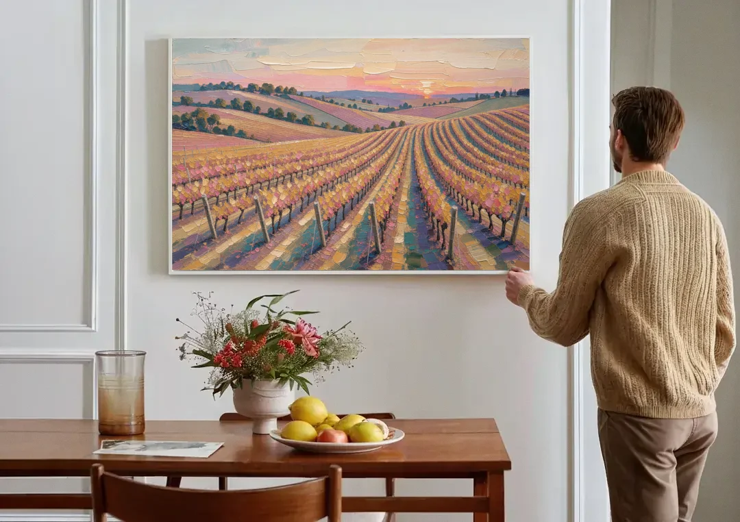 Large Vineyard Rows at Sunset for the Bedroom canvas wall art above a dining table