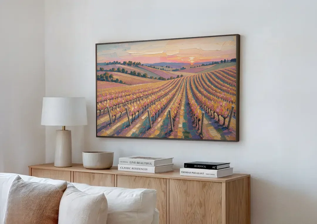 Large Vineyard Rows at Sunset for the Bedroom canvas wall art above a wooden sideboard next to a sofa