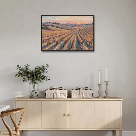 Large Vineyard Rows at Sunset for the Bedroom - Black Framed Canvas Wall Art - Coffee Table - 36x24