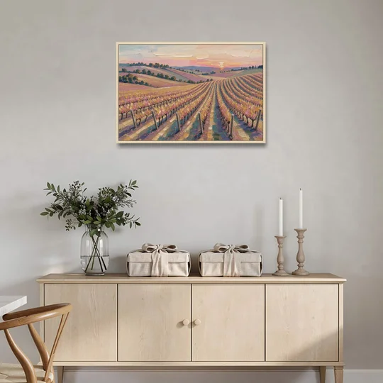 Large Vineyard Rows at Sunset for the Bedroom - Oak Framed Canvas Wall Art - Coffee Table - 36x24