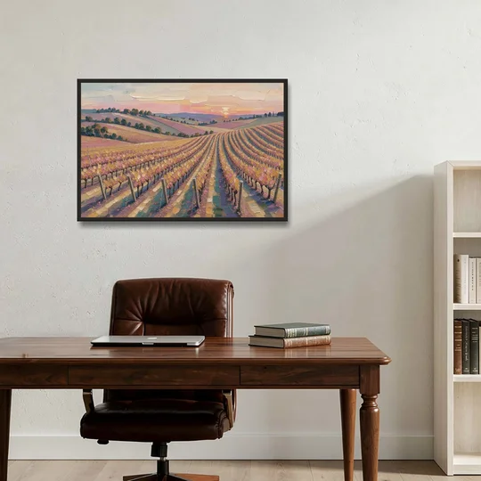Large Vineyard Rows at Sunset for the Bedroom - Black Framed Canvas Wall Art - Office - 36x24