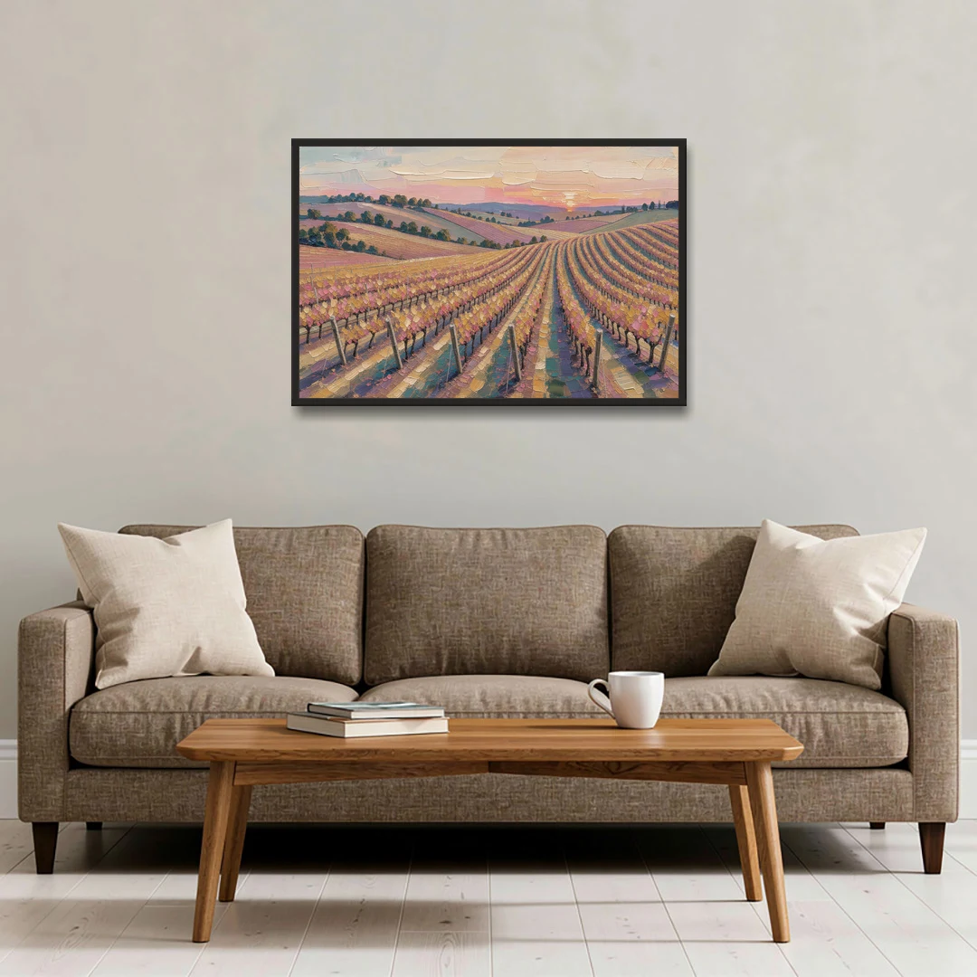 Large Vineyard Rows at Sunset for the Bedroom - Black Framed Canvas Wall Art - Sofa - 36x24