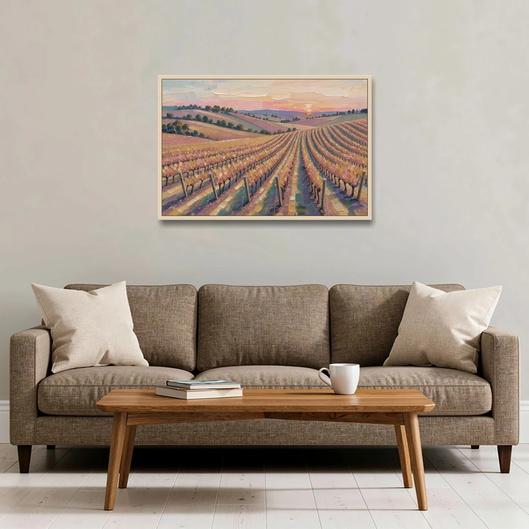 Large Vineyard Rows at Sunset for the Bedroom - Oak Framed Canvas Wall Art - Sofa - 36x24