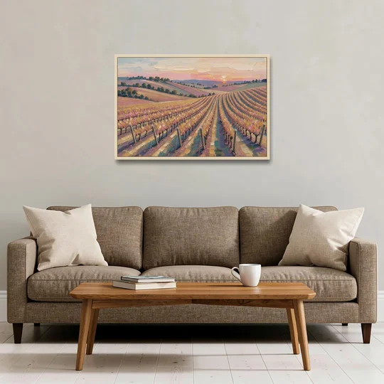 Large Vineyard Rows at Sunset for the Bedroom - Oak Framed Canvas Wall Art - Sofa - 36x24