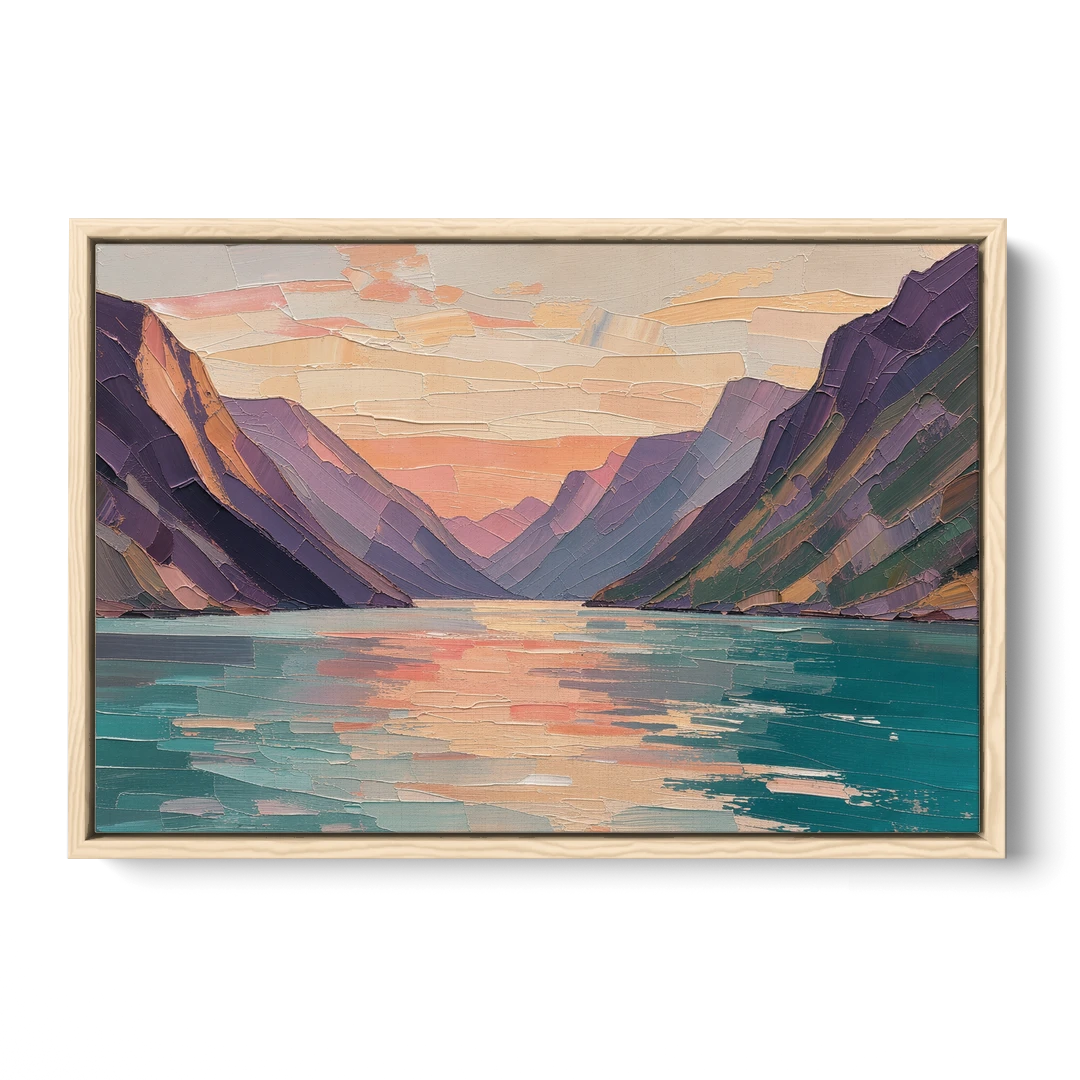 Large Wall Art Above Bed Fjord at Dusk - Oak Framed Canvas Wall Art - Front
