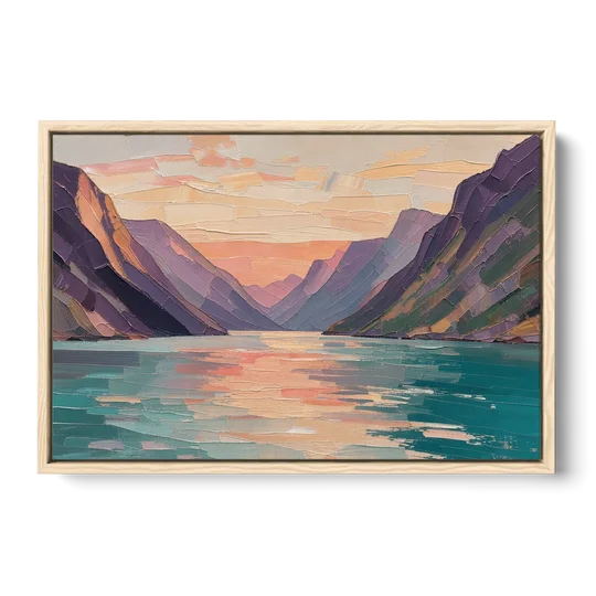 Large Wall Art Above Bed Fjord at Dusk - Oak Framed Canvas Wall Art - Front
