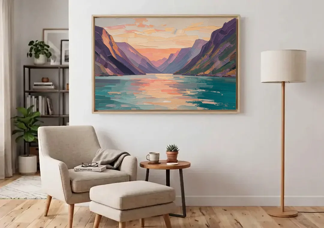 Large Wall Art Above Bed Fjord at Dusk canvas wall art above an armchair in a bright living room