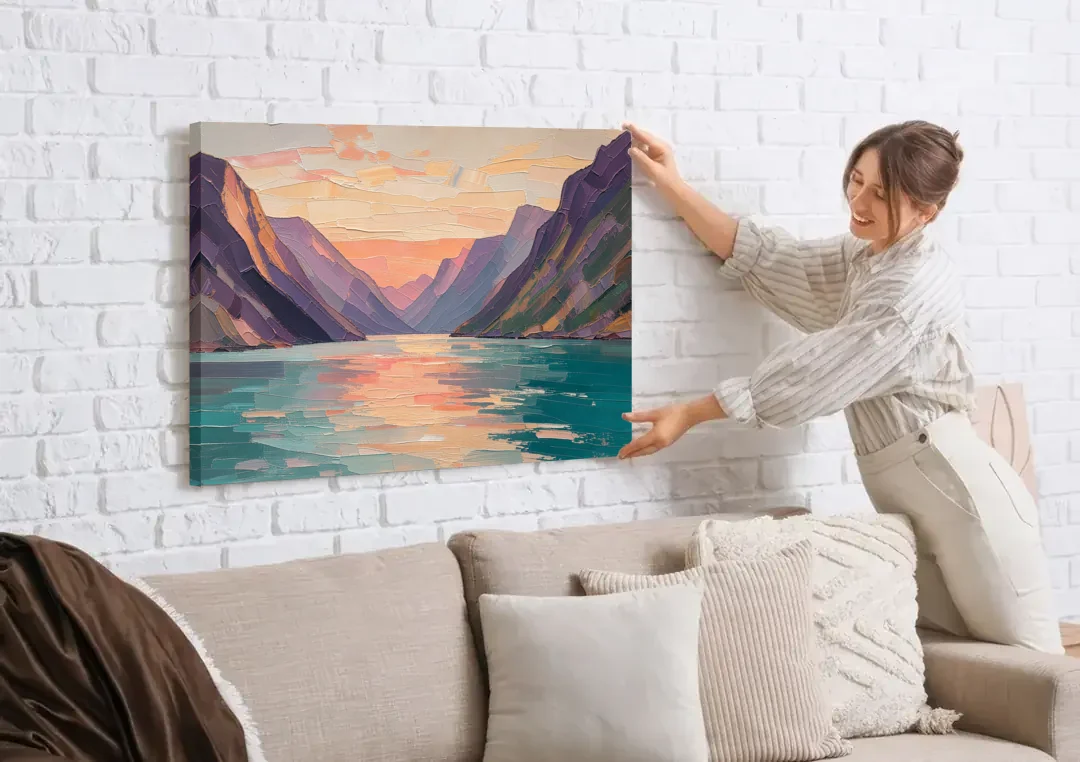 Large Wall Art Above Bed Fjord at Dusk canvas wall art being hung on a white brick wall above a sofa