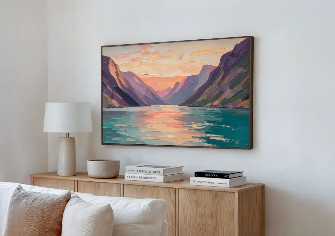 Large Wall Art Above Bed Fjord at Dusk canvas wall art above a wooden sideboard next to a sofa