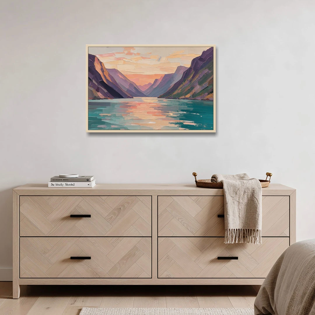 Large Wall Art Above Bed Fjord at Dusk - Oak Framed Canvas Wall Art - Coffee Table - 36x24
