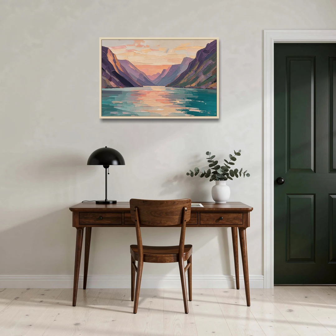 Large Wall Art Above Bed Fjord at Dusk - Oak Framed Canvas Wall Art - Office - 36x24