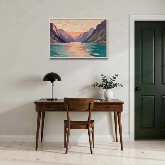 Large Wall Art Above Bed Fjord at Dusk - Oak Framed Canvas Wall Art - Office - 36x24