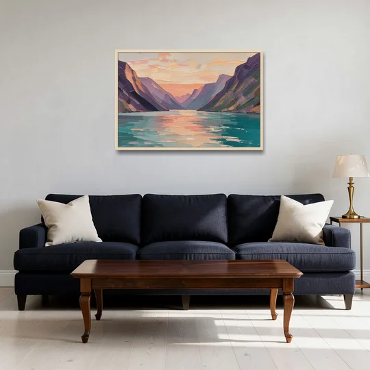 Large Wall Art Above Bed Fjord at Dusk - Oak Framed Canvas Wall Art - Sofa - 36x24
