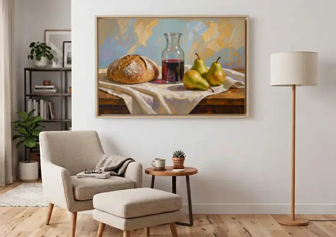 Large Wall Art for Dining Room Still Life canvas wall art above an armchair in a bright living room