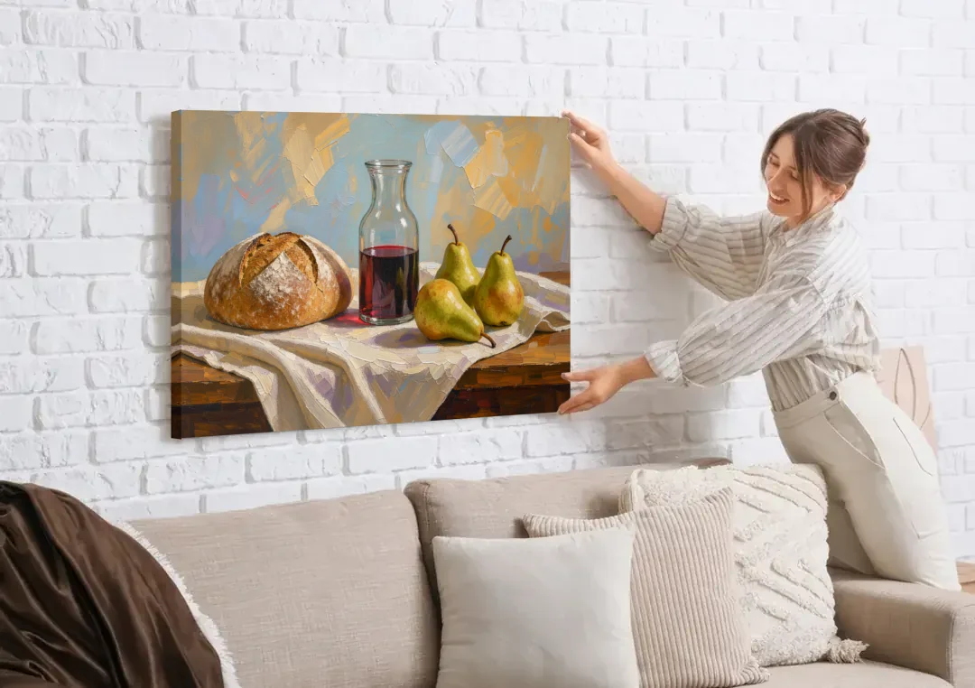 Large Wall Art for Dining Room Still Life canvas wall art being hung on a white brick wall above a sofa