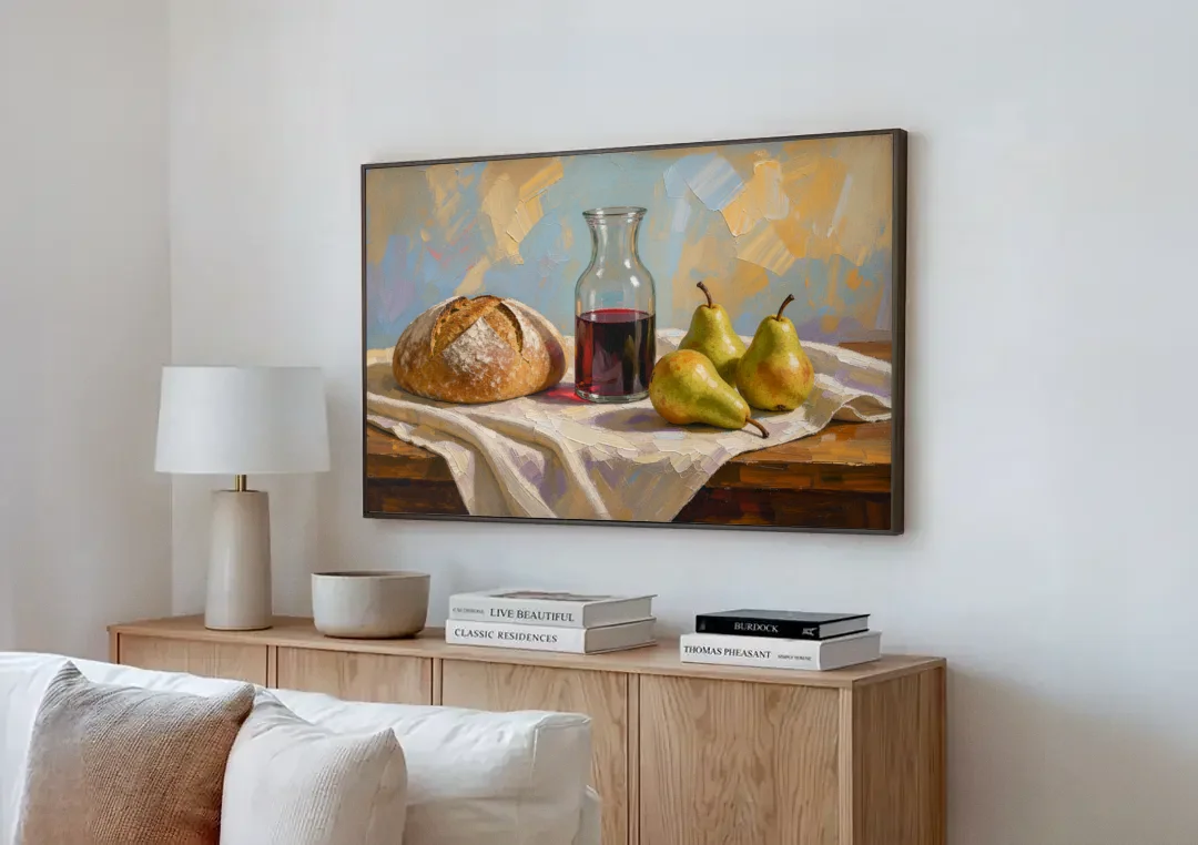 Large Wall Art for Dining Room Still Life canvas wall art above a wooden sideboard next to a sofa