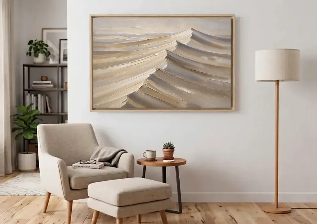 Large Wall Art for Living Room Knife-Cut Dune Crests canvas wall art above an armchair in a bright living room