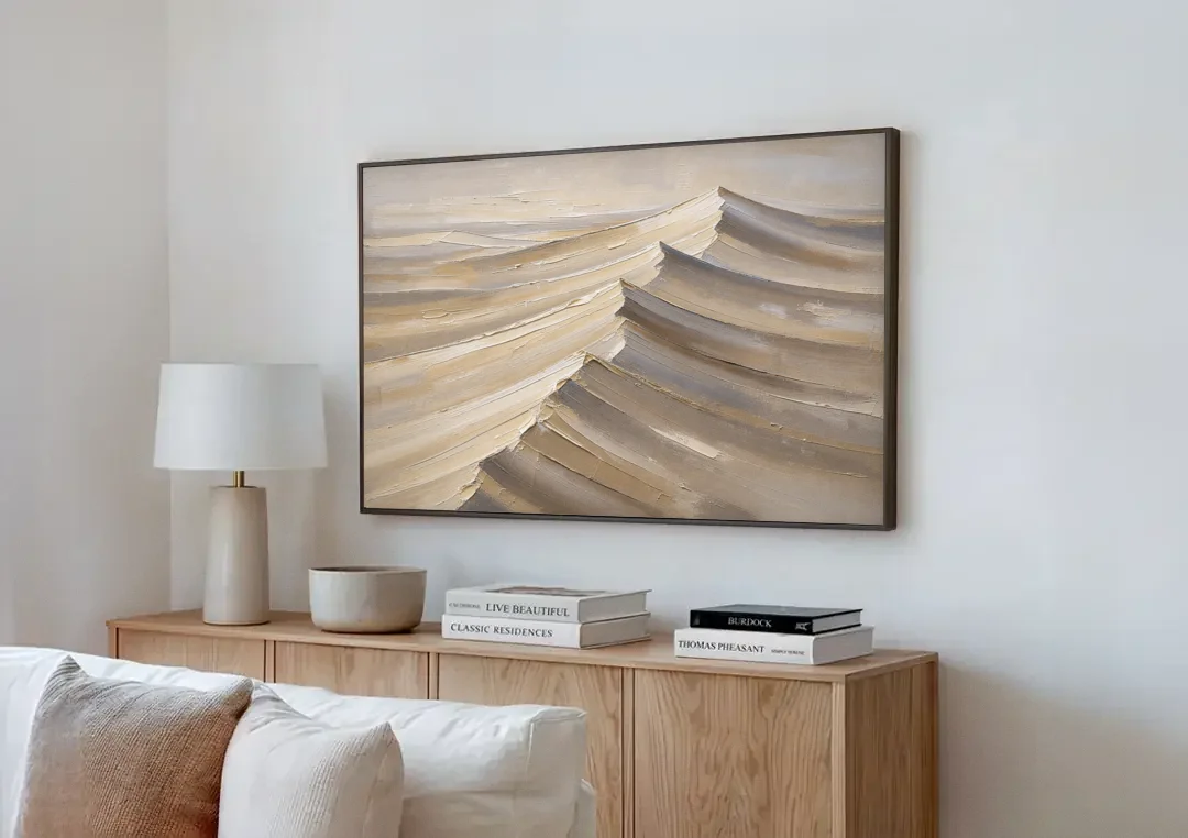Large Wall Art for Living Room Knife-Cut Dune Crests canvas wall art above a wooden sideboard next to a sofa