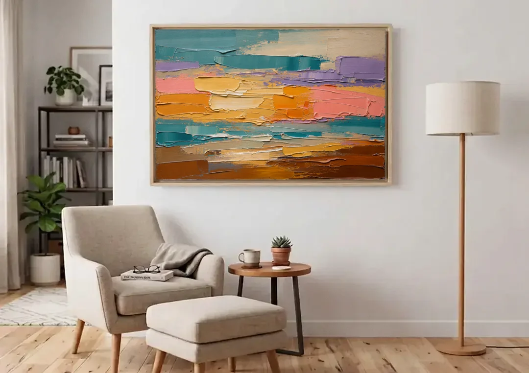 Large Wall Decor for Living Room Amber Field canvas wall art above an armchair in a bright living room